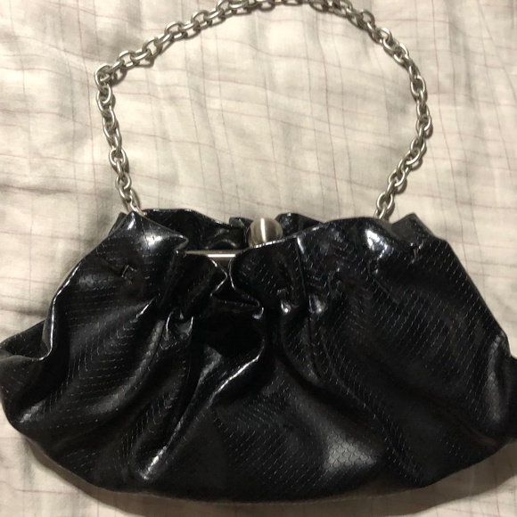 Unlisted (Kenneth Cole) Patent Black & Pleated Snap Clutch Purse w/ Metal Strap - Picture 1 of 4